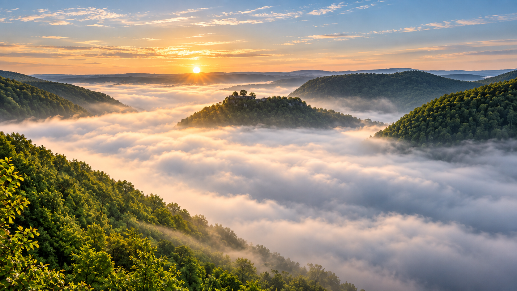 Morgenlicht über bewaldeten Hügeln der Schwäbischen Alb