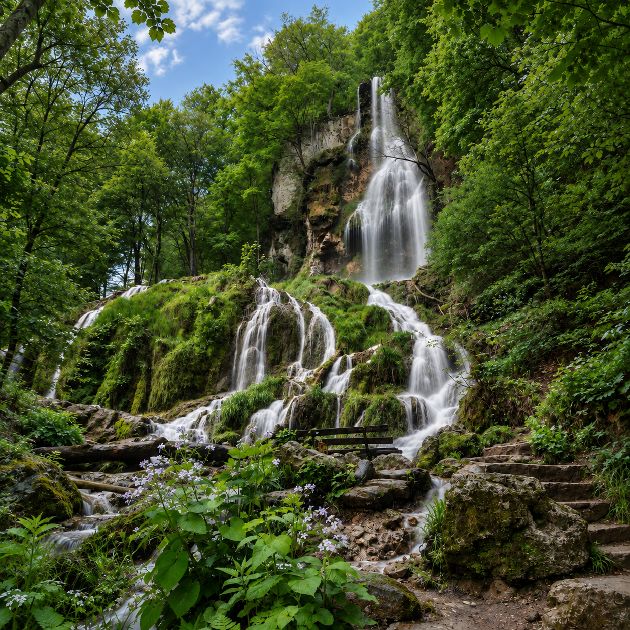Künstlerisches Wasserfallmotiv mit moosigen Kaskaden, Wald und einer Bank am Weg